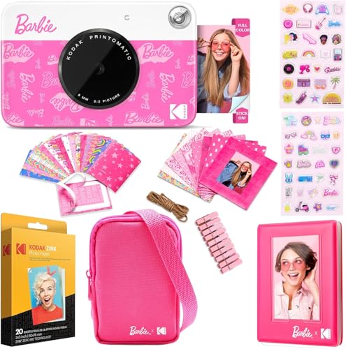 Image of Kodak x Barbie Printomatic Full-Color Instant Print Digital Camera Barbie Gift Bundle (Signature Style)+ Barbie Case, Photo Album, Sticker & Hanging Frames, 50 Stickers + Zink Paper (20 Sheets)