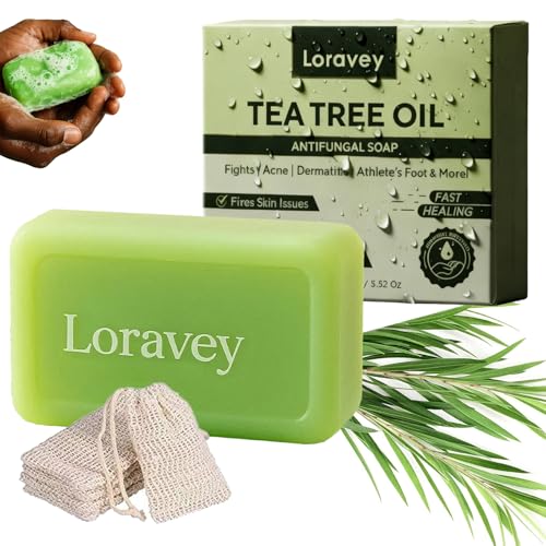 Loravey Antifungal Relief Soap Bar New Tea Tree Oil Soap Natural Foot & Body Soaps for Skin Addresses Foot Discomfort Cleans Pores Gently Exfoliating Bar Soap for Men & Women 100g/3.52oz (1 3.5Oz)