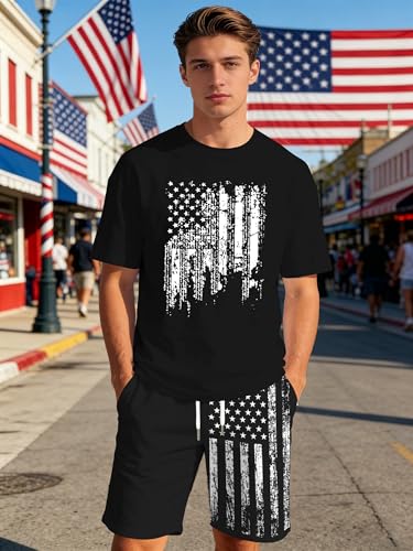 Image of Ithalt Patriotic Shirts for Men 4th of July Outfit 2 Piece Set Short Sleeve and Shorts American Flag 250th Anniversary
