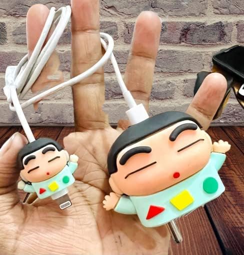 Image of DIVERTS Charger Case Cover 360 Degree Full Protection Cover Funny Cartoon Character Compatible for iPhone 18-20W Silicone Protective Charger Cover Cable Protector (SHIN Cartoon Design) Multicolor