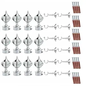 GLOXY Single Diamond Aluminium Curtain Brackets Parda Holders with Support Fittings Designer 1 Inch Rod Pocket Finials for Door & Window (Silver, 6 Pair)