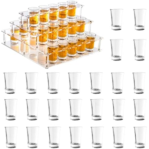 HeiMma Shot Glasses Set of 25 with Holder, 1.7Oz/50ml Shot Glasses, Shot Display Stand, Shot Glass Serving Tray with LED Light for Party, Bar, Drinking Club, Restaurant Cover