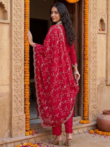 Image of INDO ERA Women's Silk Blend Embroidered Zari Work Kurta & Pant with Dupatta Set