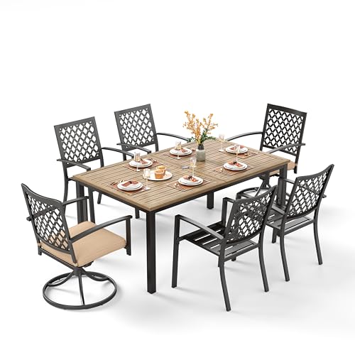 Image of PHI VILLA 7 Pcs Outdoor Dining Set, 65 inch Wood-Like Table w /Umbrella Hole | Steel Table with Umbrella Hole&Fixed /Swivel Chairs with Cushions,Wrought Iron Furniture for Patio, Deck, Yard, Porch
