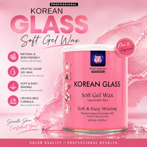 Image of O2 Green Organics Korean Glass Pink Soft Gel Liposoluble Wax for Hair Removal & De-Tan - Professional Moisturizing Painless Hair Removal with Shea Butter, Beeswax & Vegetable Oil for Silky Smooth Skin, All Skin Types, Salon Quality 800ml