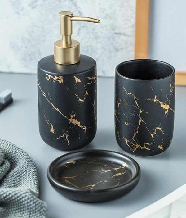Ceramic Bath Accessories Set of 3 (Luxe Black) 400ml Soap Dispenser, Tumbler & Soap Dish, Black with Gold Marble Design, Bathroom Countertop Organizer for washbasin