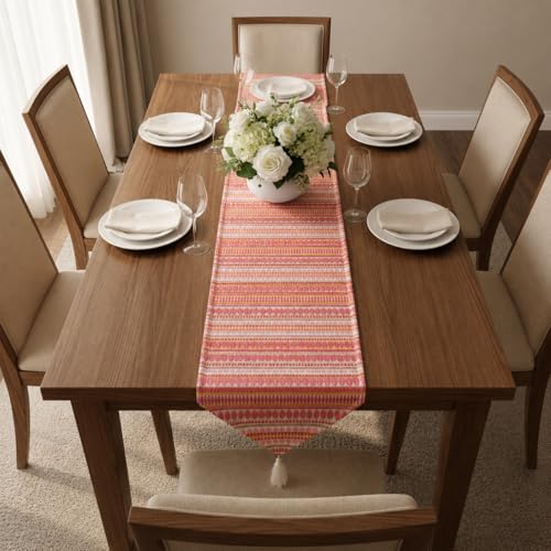 Image of STITCHNEST Woven Table Runner 13x60 Inches | Coral & Pink Geometric Design | Tassel Finish | Modern Dining Table Decor