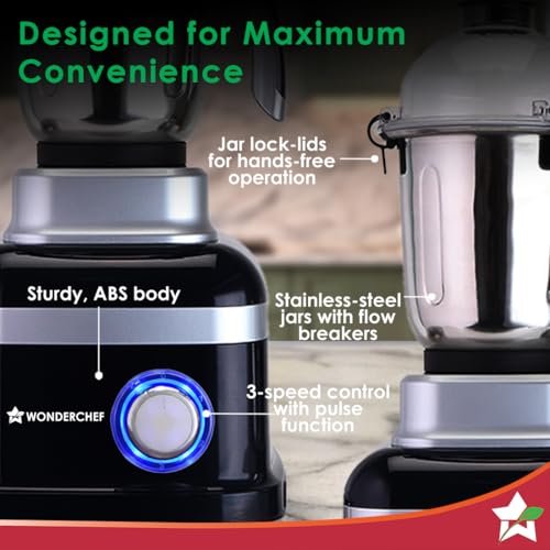 Image of Wonderchef Cube 1000W Mixer Grinder, 3 Jars with Flow Breakers, Special Coarse Blade for Silbatta-style Khada Masala Grinding, Ideal for Grinding, Blending Chutney, Idli /Dosa Batter, 2-Yr Warranty