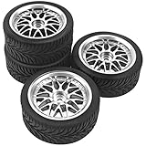 HIRCQOO OD 2.55' Rubber Tires & Plastic Wheel Rims 12mm Hex Hub Compatible with HSP Tamiya HPI Kyosho Redcat ExceedRC 1/10 On-Road Touring Car,WLtoys 1/14 144001 RC Buggy (Silver)