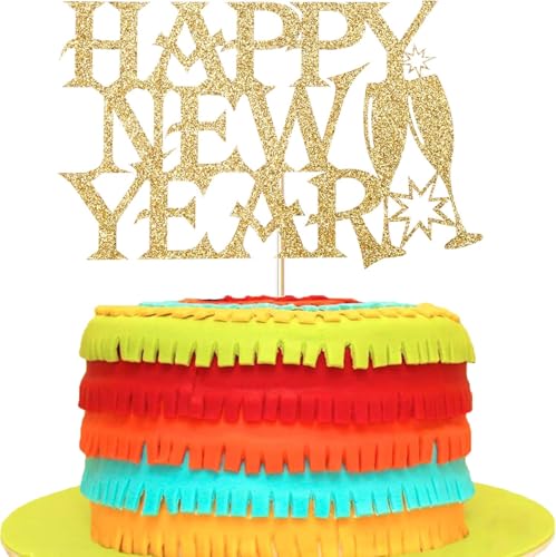 Happy New Year Cake Toppers, Décoration gâteau Nouvel An, Bonne Année Cupcake Toppers, Décoration de Gâteau Happy New Year Topper Gateau, Deco Gateau pour Fête du Nouvel An, Décorations Muffins (B)