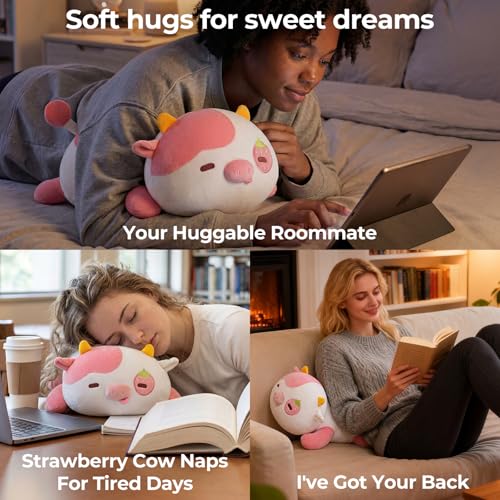 Image of Mewaii Cute Strawberry Cow Plush Pillow, Kawaii Plushies Strawberry Cow Stuffed Animals, Squishy Plushies, Cuddle Plush Pillow for Kids & Girls (13 Inch)