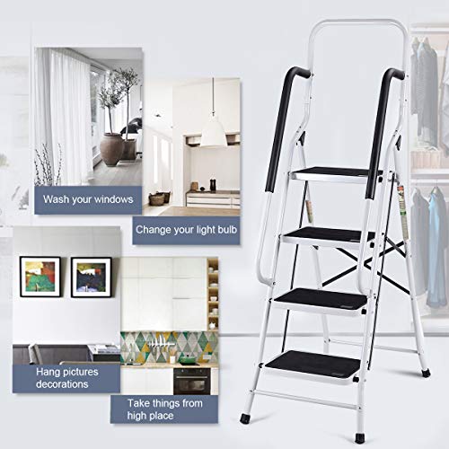 Giantex 2 in 1 Non-Slip Step Ladder Folding Stool w/ Anti-Slip Handrails Grip and Additional Metal Bars 4 Step Ladder for Home and Office Use 62.5''H