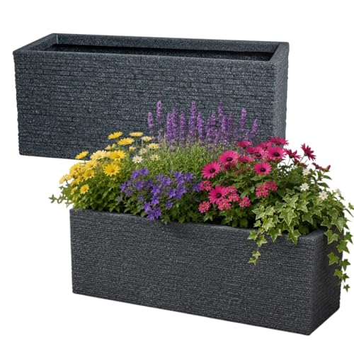 Image of Set Of 2 Large Brick Effect Trough Planter - Ash Grey Outdoor Plant Pot – Slate Brick Style Rectangle Plastic Garden Plant Pot - Garden Balcony, Patio Flower Planter 60cm x 25cm x 25.5cm