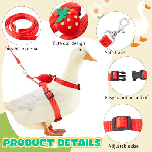 Image of Duck Harness Leash Set Duck Harness and Leash for Real Ducks Adjustable Walking Rope Pet Cute Pattern Outdoor Traction Rope for Chicken Rabbit Small Animals(Xs,Strawberry)