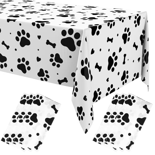 Oudain 6 Pcs Paw Print Plastic Tablecloths Disposable Rectangle Bone Sign Large Table Covers for Dog Theme Birthday Party Decorations Boy Girl Puppy Pet Dog Cat Party, 54x108 Inch(White)