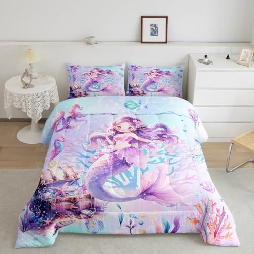 Mermaid Comforter Set Queen for Girls,Kids Fish Scale Blanket Comforter Set Princess Bed Set,Little Girl Gifts,Cartoon Cute Mermaid Bedding Set,Fantasy Girls Room Decor,Purple Blue Duvet Insert