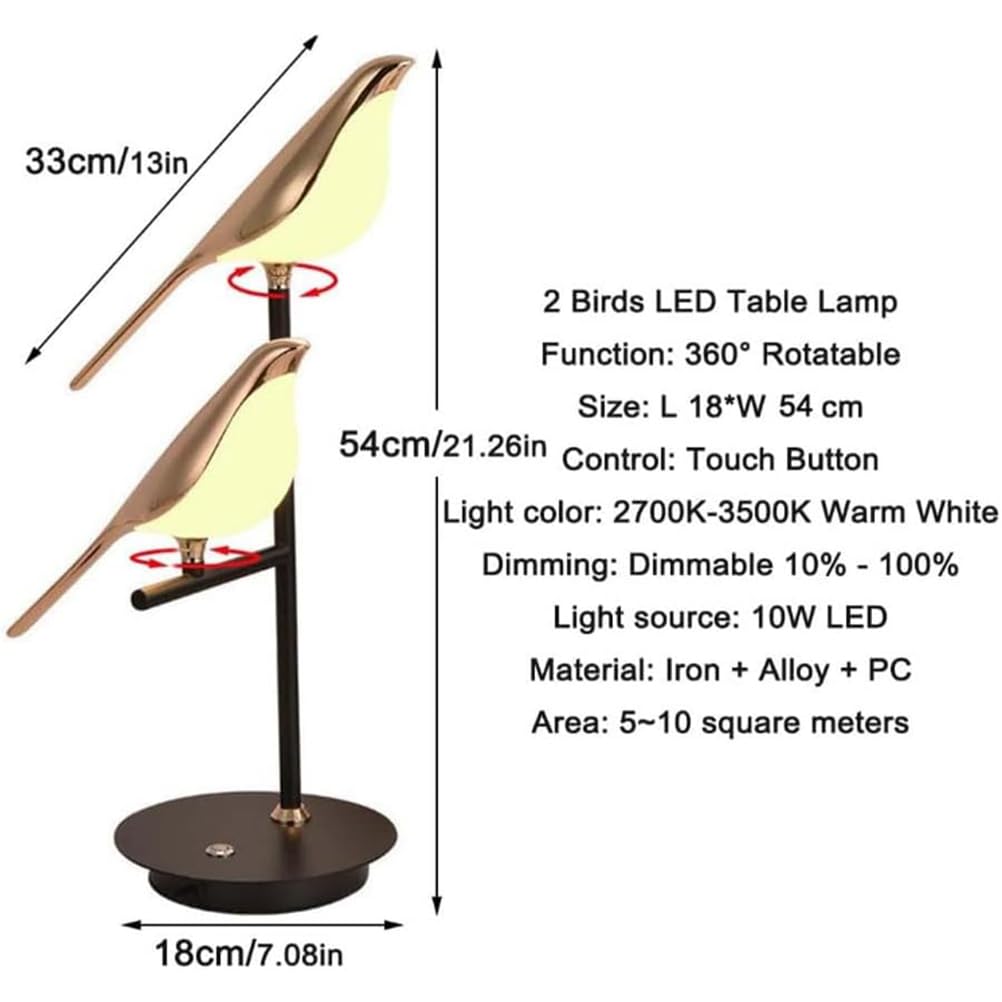 EaEa 20W LED Lámpara de Mesa Táctil Regulable Lámpara de Mesa Animales Pájaro Diseño Lámpara de Cabecera Moderno Interior Giratorio Ajustable Pájaro Lámpara de Noche de Metal para Dormitorio Salón
