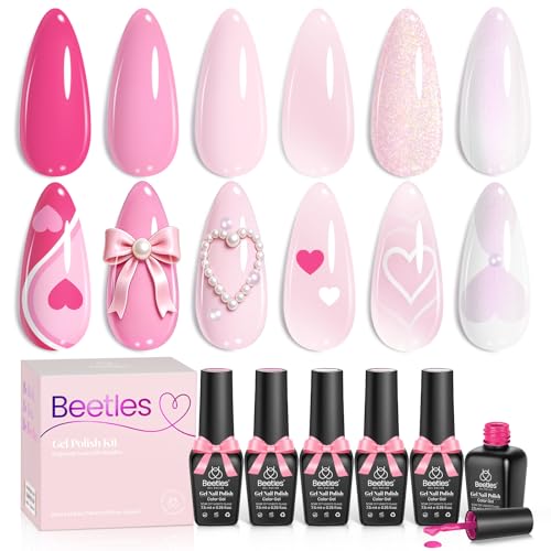 Image of Beetles Pink Gel Nail Polish Set - Blush Cotton 6 Colors Gel Polish, Nude Baby Pink Rose Glitter Jelly Long Lasting Soak Off UV LED Manicure Kit Gift for Women Nails