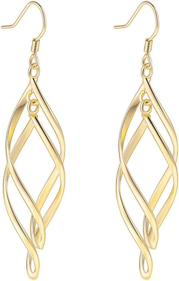 Women's Pretty 18K Gold Plated Double Linear Loops Design Twist Wave Hook Dangle Earrings for Women Girls (Gold)