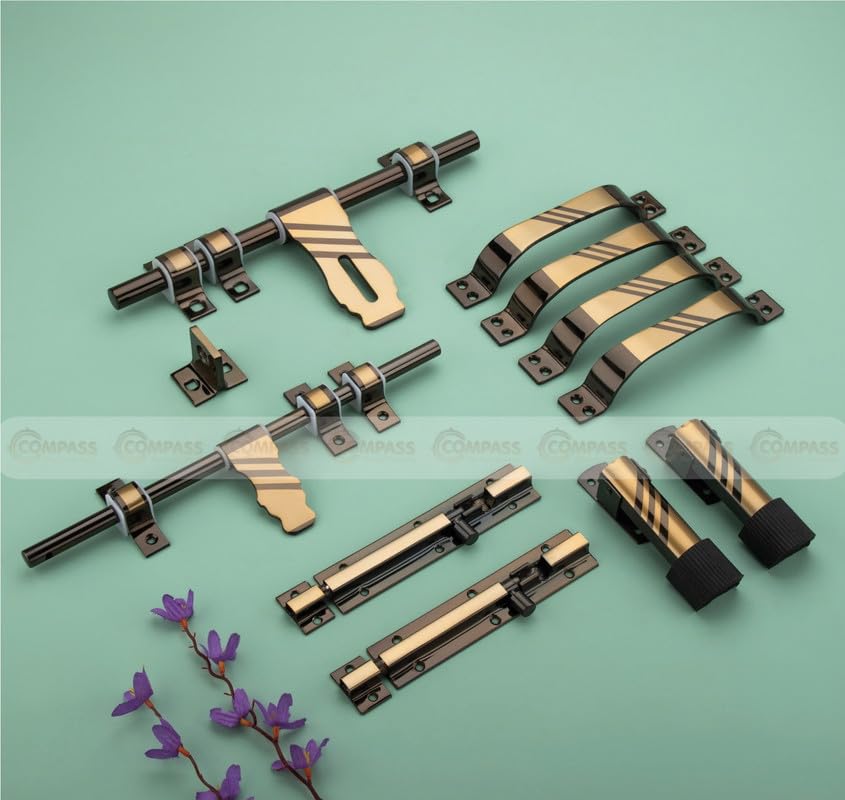 Image of COMPASS Flower Stainless Steel Heavy Single Door Fitting Accessories Full Set /Kit (1 Aldrop, 1 Latch, 2 Handles, 1 Tower Bolt and 1 Door Stopper | 10 inch | Vintage Finish