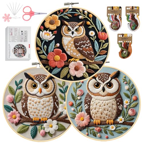 Image of Santune Embroidery Kit for Beginners Needlepoint Cross Stitch Kits Adult Needle Point Sets with Owl Embroidery Patterns, Includes Step-By-Step Instructions and Accessories