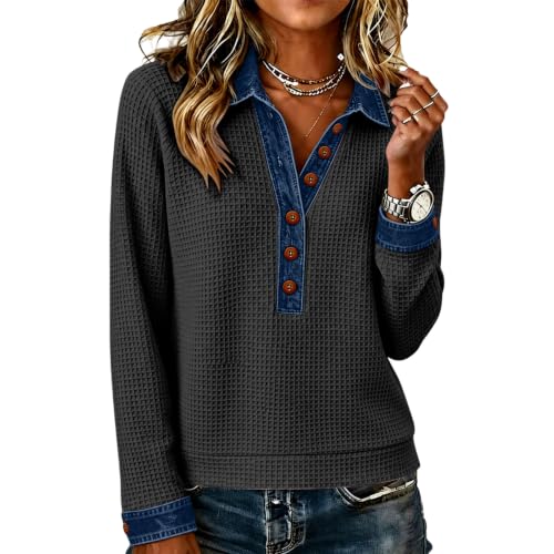 Waffle Knit Shirts for Women V Neck Henley Button Trendy Pullover - image 1