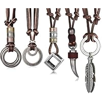 MILACOLATO 5 Piezas Collares para Hombres Cuero Vintage Collar de Cadena de Cubo de Plumas Collar de Cuero Ajustable para Hombres con Colgante de Joyería Negro
