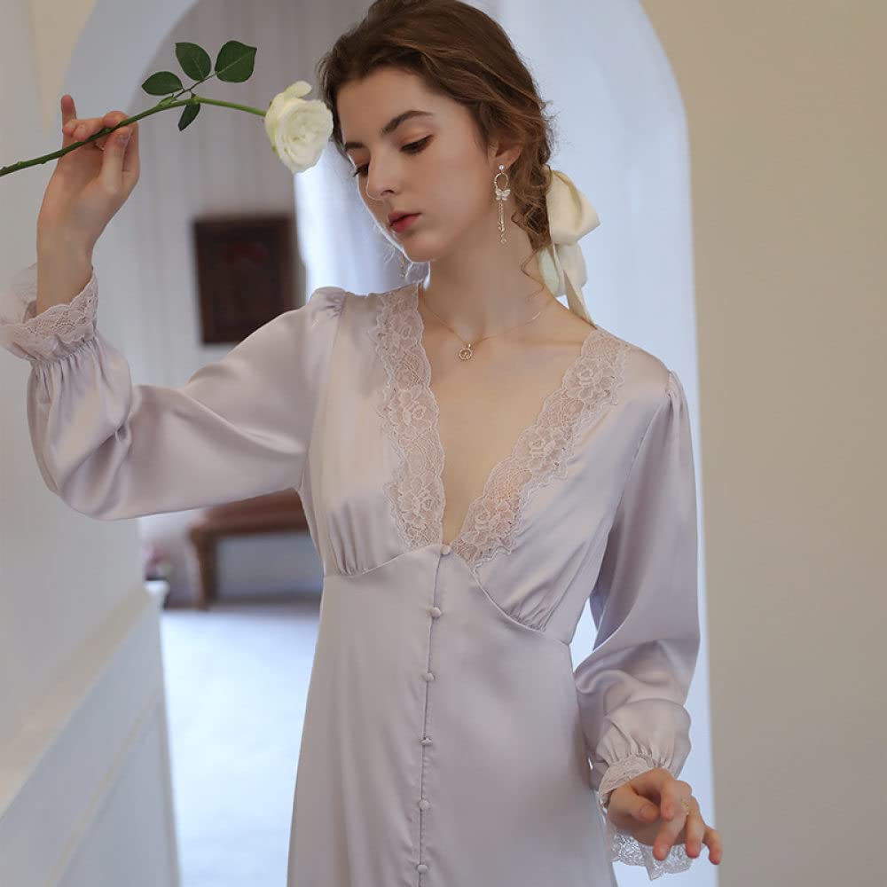 Nachthemd Damen,Damen-Nachthemden, Grau, Satin, V-Ausschnitt, Spitze, Knopf, Schlitz, Sexy Schlafhemd, Weiches, Bequemes, Langärmliges Nachthemd, Loungewear Für Damen, Mädchen, Pyjama-Party, Weih
