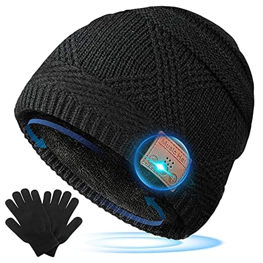 Gorro Bluetooth Regalos Navidad Originales Gorro con Auriculares para Padres Gorro y Guantes Personalizados para Hombre Mujer Adolescentes, Negro, Talla Única