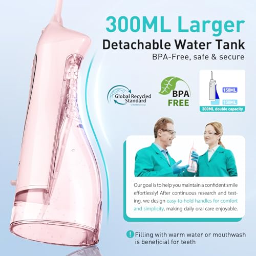 COSLUS Water Dental Flosser Teeth Pick C20(F5020E): Portable Cordless Oral Irrigator 300ML Rechargeable Travel Irrigation Cleaner IPX7 Waterproof Electric Flossing Machine for Teeth Cleaning, Pink - Image 4