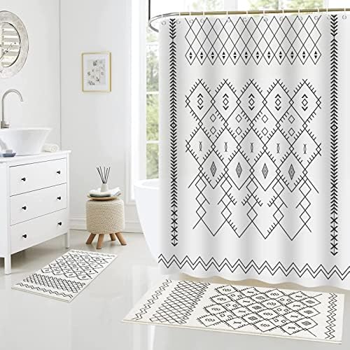 Sunhop Luxury Shower Curtain Set 3PCS, Bathroom Sets with Shower Curtain and Rugs, Ultra Soft Faux Wool Water Absorbent Bath Rugs, Durable Waterproof Shower Curtain with 12 Hooks (White, 71" x 71")