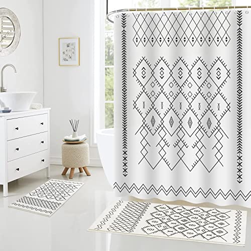 Sunhop Luxury Shower Curtain Set 3Pcs, Bathroom Sets With Shower Curtain And Rugs, Ultra Soft Faux Wool Water Absorbent Bath Rugs, Durable Waterproof Shower Curtain With 12 Hooks (White, 71" X 71") #TOP8