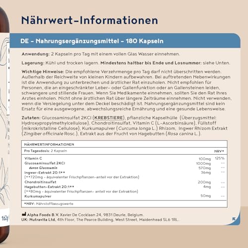 Glucosamin Gelenk-Komplex mit Chondroitin, Vitamin C, Kurkuma & Ingwer | 180 Kapseln | Hochdosiert | Gelenke & Knorpel | Made in Germany | Alpha Foods