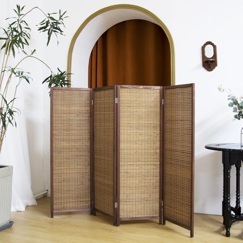 4 Panel Short Panel Divider Screen,3.95 FT Tall Bamboo Room Divider Folding Privacy Screen,Short Panel Divider Freestanding Room Divider for Room Seperation,Brown