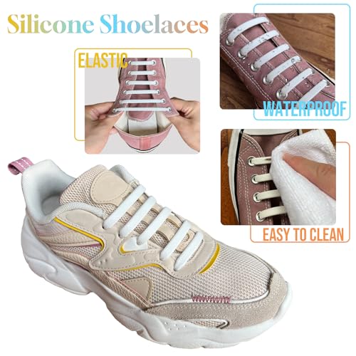 Vandomrise Elastische Silikon Schnürsenkel, Kinder & Erwachsene No Tie Shoelaces, Schnürsenkel ohne Binden Wasserdichte Flaches Elastikband für Sneaker Stiefel Brettschuhe und Freizeitschuhe, Weiß