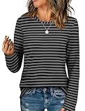 Aokosor Womens Crew Neck T Shirts Basic Long Sleeve Tops Lightweight Fall Clothes Striped Black and Gray M