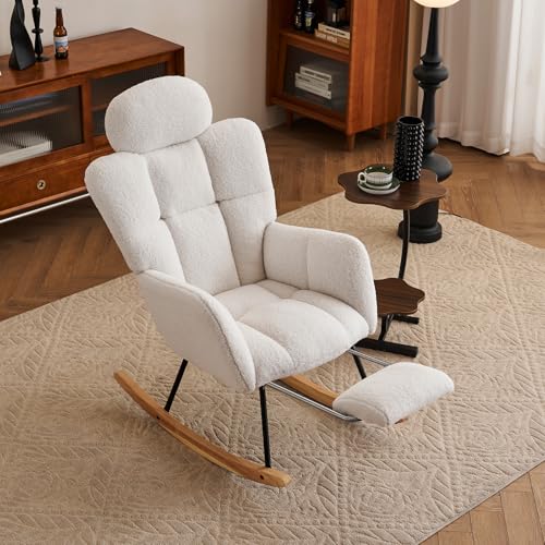 ALAKFORM Nursery Rocking Chairs with Foot Rest, Teddy Glider Rocker with Headrest, Upholstered Nursing Rocking Chair Indoor for Living Room,Ivory