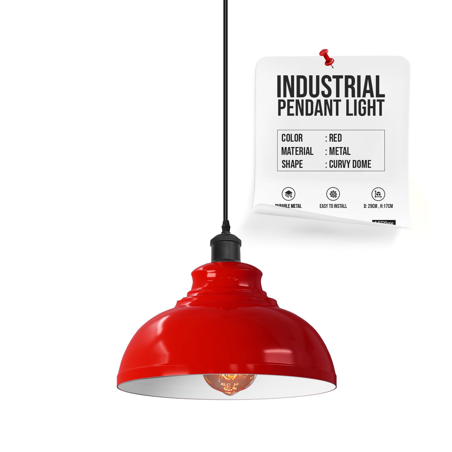 Vintage Pendant Dome Light Shade Industrial Hanging Pendant Light Ceiling Lighting for Dining Room, Bar, Clubs and Restaurants (Red, Without Bulb)