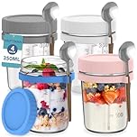 HEFTMAN Glass Overnight Oats Jars with Lids - 4 Pack 350ml Overnight Oats Jar with Spoons & Airtight Colourful Plastic Lids, Food-Safe Breakfast Pots for Yogurt, Chia Pudding - 12oz, Reusable (4 PCS)