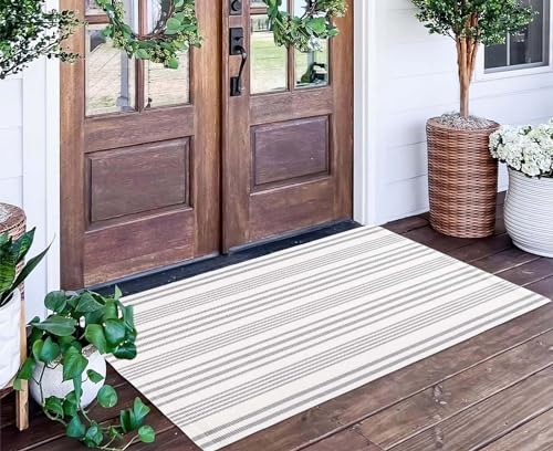 Grey and White Outdoor Rug 24 x 51Striped Front Porch Rug Hand-Woven Machine Washable Layered Door Mats for Entryway-Bedroom-Outdoor