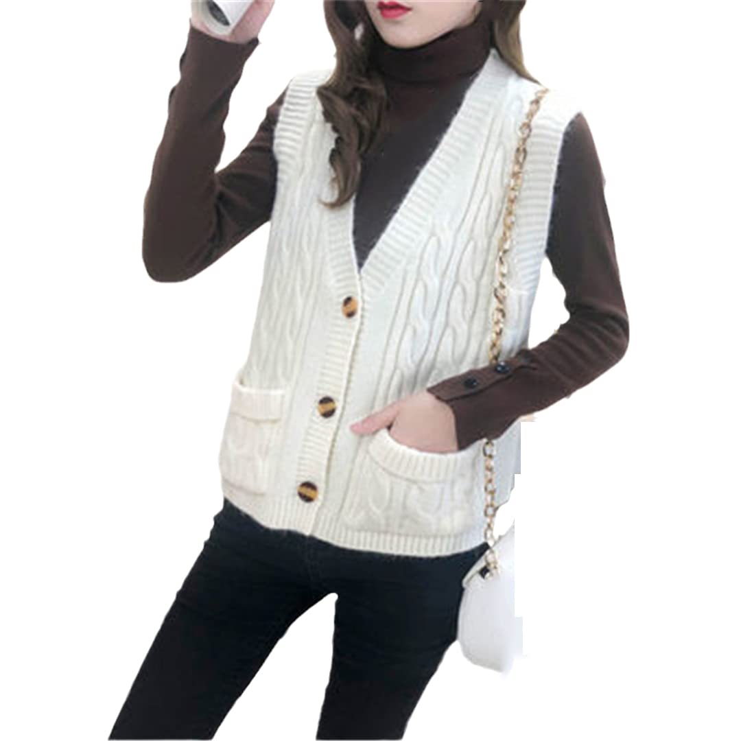 Women Vest Sweater V-Neck Cardigan Woolen Knitted Sleeveless Vest White