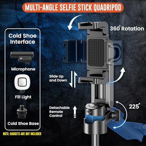 Image of WeCool 4 in 1 Mini Selfie Stick for Mobile, Tripod Stand with One-Click Auto OpenLegs, Premium Aluminum Build 5Section Telescopic Pole, 360Rotation,Rechargeable Remote, Pocket-size for Travel,Vloging