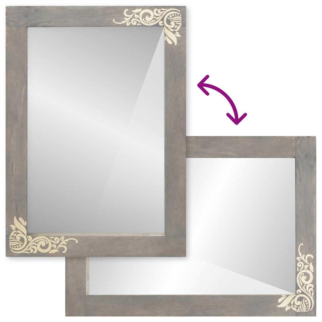 Szare i srebrne lustro łazienkowe 50 x 70 x 3 cm drewniana rama z uchwytem i minimalistycznym designem prostokątne lustro z praktycznymi przegrodami dla organizacji