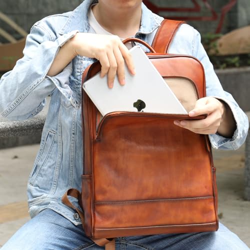 15.6" Vintage Leather Laptop Backpack for Men，Full Grain Leather Hiking Travel Bag Camping Daypack Brown3
