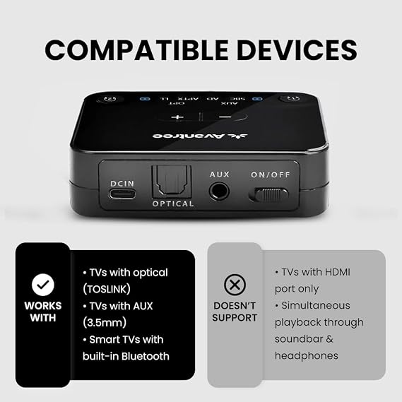 Avantree HT41899 - Dual Bluetooth Wireless Headphones for TV Watching, Compatible with TVs (Optical/AUX), 40Hrs Playtime, Individual Volume Control, Includes Transmitter & Stand