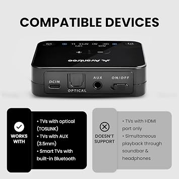 Avantree HT41899 - Dual Bluetooth Wireless Headphones for TV Watching, Compatible with TVs (Optical/AUX), 40Hrs Playtime, Individual Volume Control, Includes Transmitter & Stand