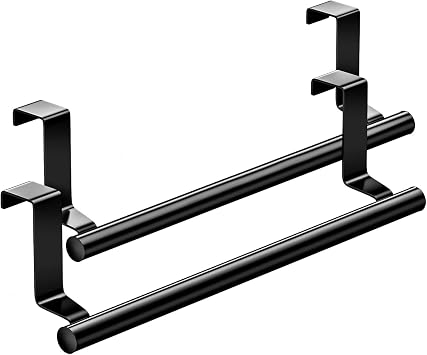 Over Cabinet Towel Bar, Stainless Steel Towel Holder, Black, 2 Pack