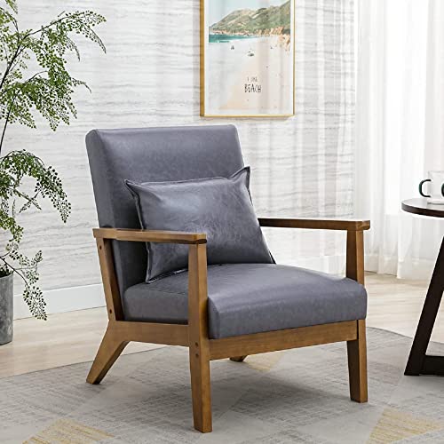 Sessel Wohnzimmer Massivholz Sessel Retro Vintage Lesestuhl gepolsterter Akzentstuhl mit Armlehne Lendenkissen mittelalterlicher Holzsessel PU-Leder Eiche Natur für Schlafzimmer Balkon Dunkelgrau Cover