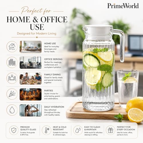 Image of PrimeWorld 2 Pcs Stripe Glass Jug with Lid, 1.1Liters Each, Multipurpose Jug, Transparent Beverage Carafe for Home, Office, Pitcher for Serve Water, Milk, Juice, Beverage, Lassi, Cocktail
