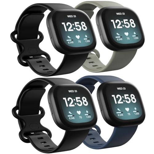 4 Pack Waterproof Bands Compatible with Fitbit Versa 3 / Fitbit Versa 4 / Fitbit Sense/Sense 2 Bands Classic Soft Sports Replacement Wristbands for Women Men (Black/Black/Grey/Navy Large 7.1-8.7)